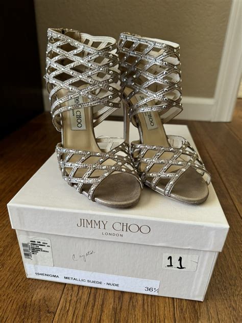 JIMMY CHOO Enigma Nude Metallic Leather Crystal High Gem