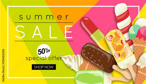 Trendy Summer Sale Banner Design With Ice Cream Vector Illustration