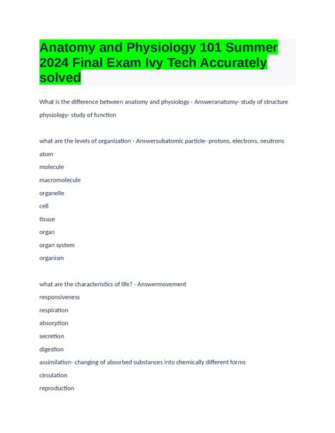 Anatomy and Physiology 101 Summer 2024 Final Exam Ivy Tech Accurately
