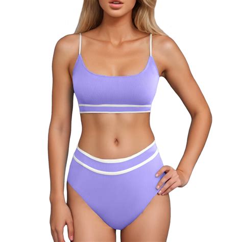 CAIVO Women Swimwear High Waisted Bikini Ribbed PCS Swimsuit High Cut Color Block Adjustable