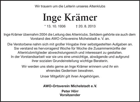 Traueranzeigen von Inge Krämer vrm trauer de