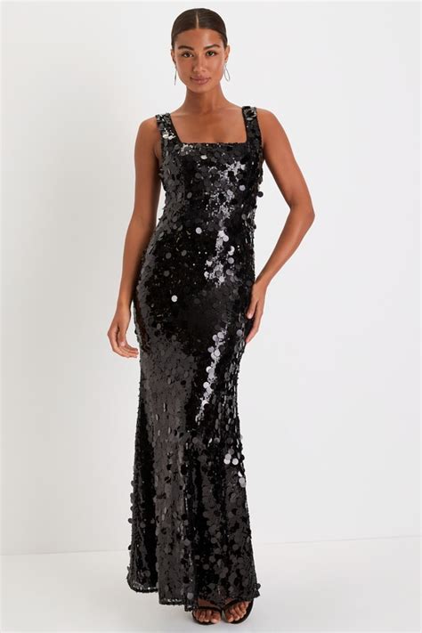 Sexy Black Sequin Dress Mermaid Maxi Dress Square Neck Dress Lulus