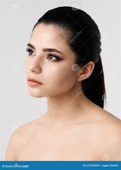 Woman Looking To The Side Naked Shoulders Makeup Skin Care Stock Photo Image Of Colorful Long