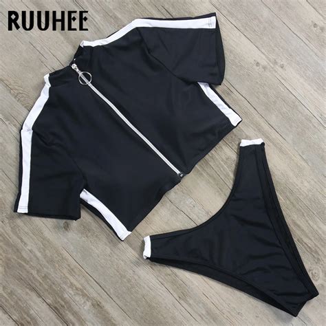Free Shipping Ruuhee Short Sleeve Bikini Swimwear Women Sport Swimsuit Top Sexy Bikini Set
