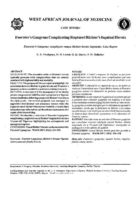 Pdf Case Report Fournier S Gangrene Complicating Ruptured Richter S Inguinal Hernia Prof