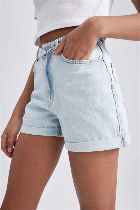 Blue Woman Mom Fit High Waist Folded Leg Jean Shorts Defacto