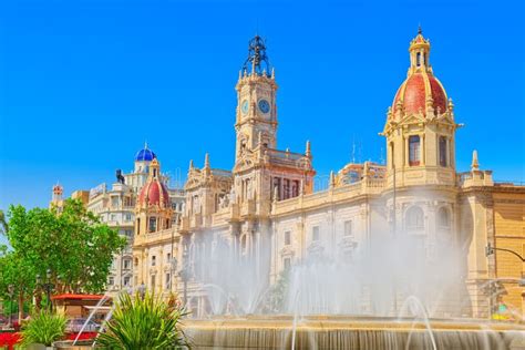 Fountain on Modernism Plaza of the City Hall of Valencia, Town H Stock Photo - Image of landmark ...