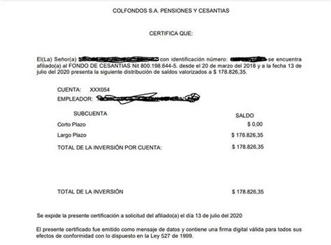 Certificado de Cesantías Colfondos Los Certificados