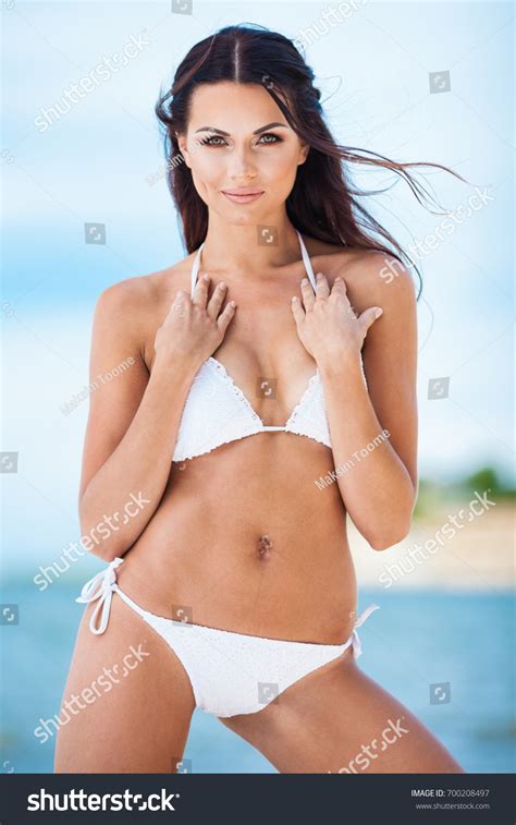 Sexy Brunette Girl White Swimsuit Posing Stock Photo Shutterstock