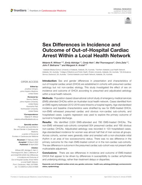PDF Sex Differences In Incidence And Outcome Of Out Of Hospital Cardiac Arrest Within A Local