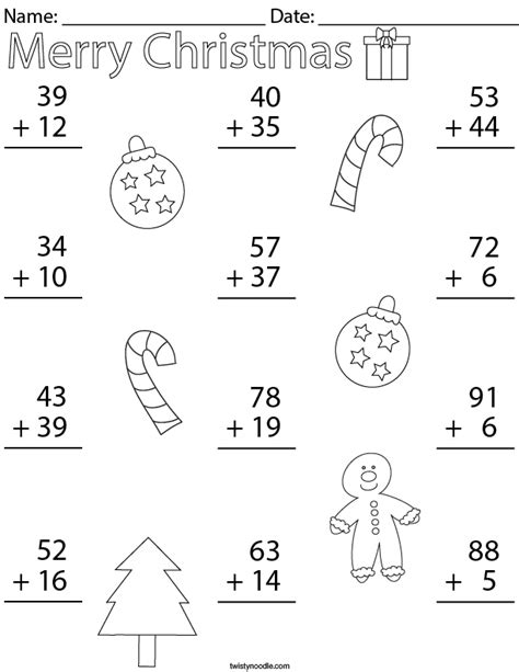 Christmas Double Digit Addition Math Worksheet Twisty Noodle