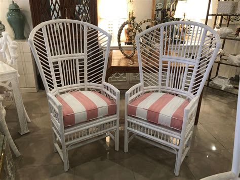 Set Of 4 High Back Brighton Style Lacquered White Rattan Dining Chairs