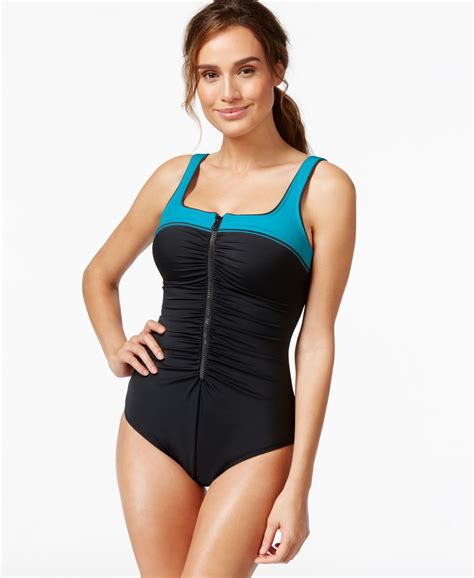 Reebok Colorblocked Zip-Front One-Piece Swimsuit - Macy's | One piece