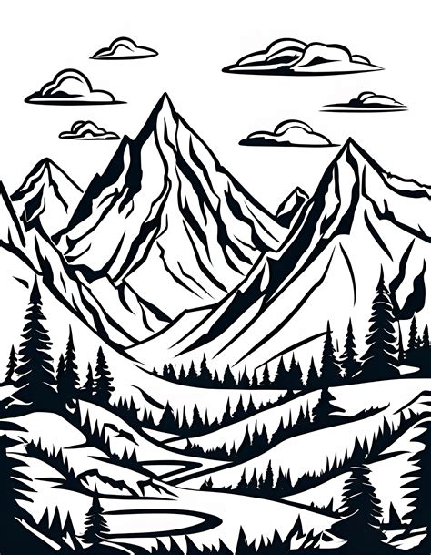 a black and white drawing of a mountain scene with trees - AI Scribbles ...