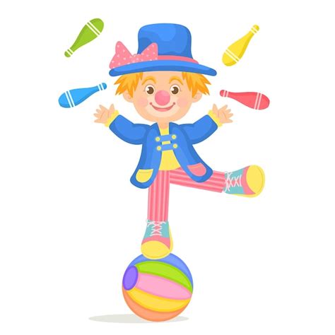 Un Petit Clown Jongle Avec Des Massues Color Es Sur Un Ballon Vecteur