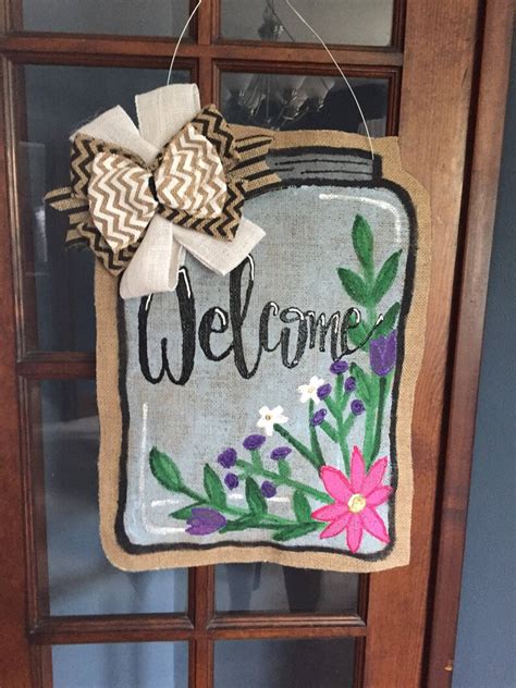 Welcome Mason Jar Burlap Door Hanger Etsy