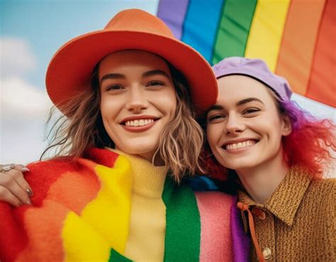 Una hermosa pareja gay feliz con los colores del arcoíris en un campo de flores mes del orgullo