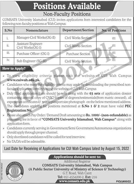 COMSATS University Wah Campus Jobs 2022 Cuiwah Edu Pk