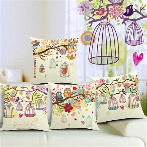 2016 Car Seat Cotton Linen Birds Flowers Cushions Covers Decorative Throw Pillows Cases Sofa