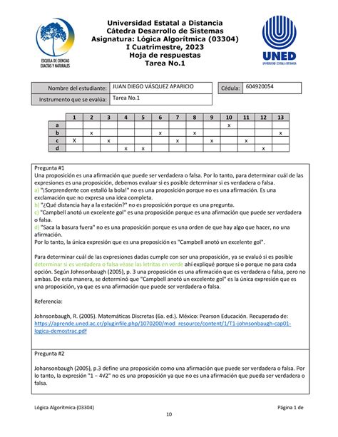 Hoja de respuestas Tarea 1 Lógica Algorítmica 03304 Página 1 de