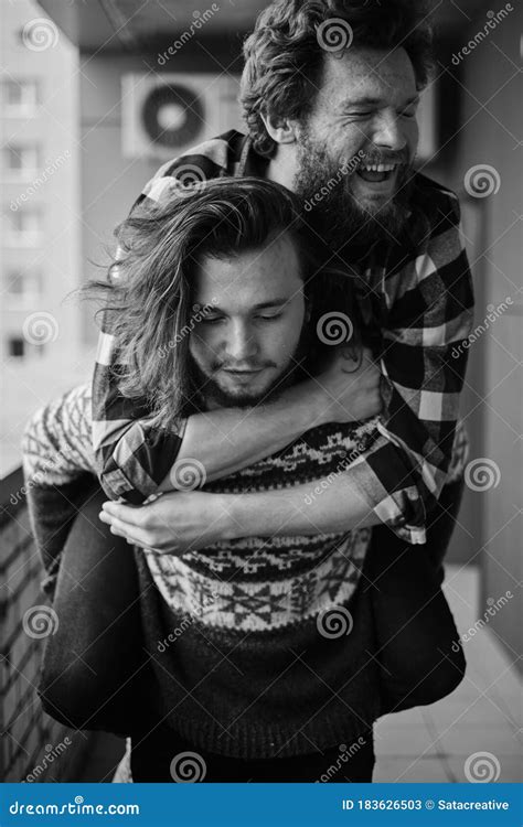 Black And White Photo Of Gay Couple Hugging Stock Image Image Of Home Beard 183626503