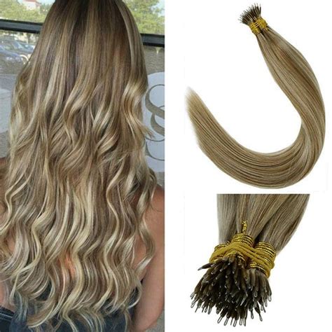 8 22 ASH BROWN BEACH BLONDE Nano Tip Ring Highlight Hair Extensions