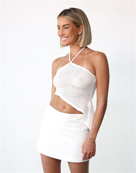 Tiani Top White Charcoal Clothing Exclusive Sheer Crochet High Neck Top Charcoal