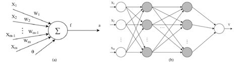 a) The neuron model: b) The neural network structure in several layers ...