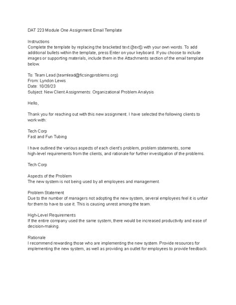 DAT 223 Module One Assignment Email Template DAT 223 Module One