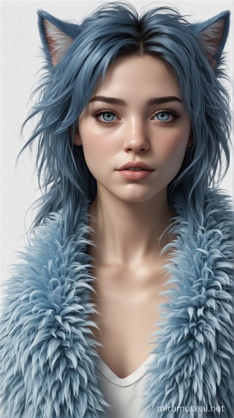 Blue Furry Girl Avatar Playful Character Portrait On White Background