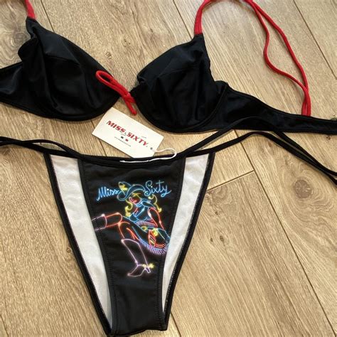 Vintage S Black Matching Bikini Set With Graphic Depop