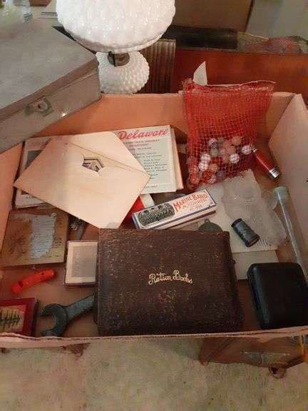 Box Lot Of Vtg Memorabilia Army Pennent War Rations Book Perfume Finial Harmonica Nude