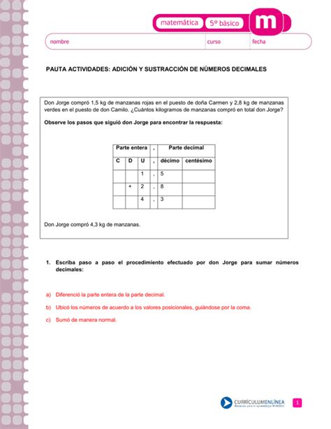 1 pauta actividades adición y sustracción de números decimales