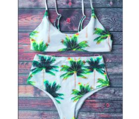 The Fashion White Green Coconut Tree Print High Waist Two Piece Bikini On Luulla