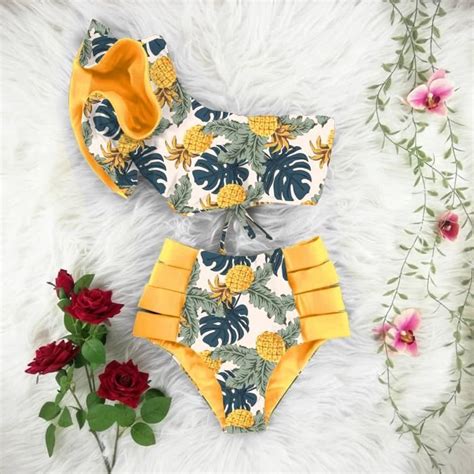 Maillot De Bain Nouveau Bikini Fleuri Volants Bikini Ensemble Femmes Col En V Taille