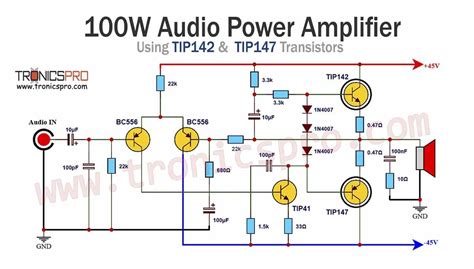 100w Amplifier Circuit Diagram Using Tip142 And Tip147 Transistors