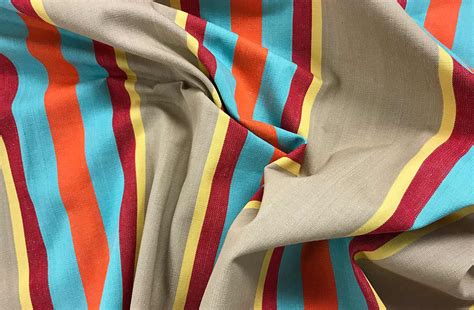 Vintage Look Fawn Striped Fabric With Terracotta Turquoise Dark Red