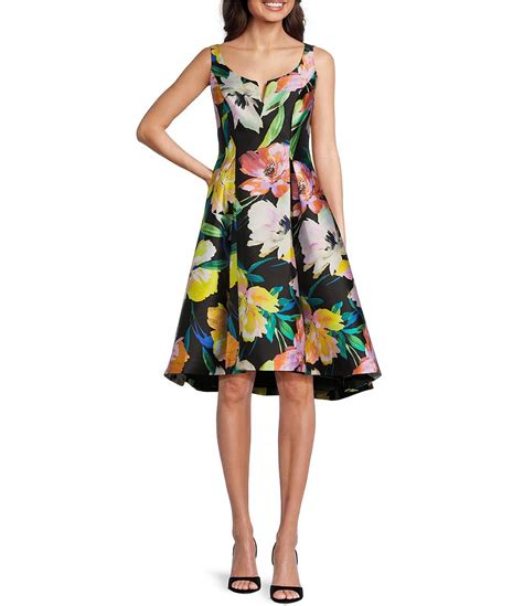 Adrianna Papell Mikado Floral Print Notch Scoop Neck Sleeveless High