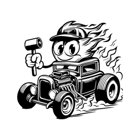 Une illustration en noir et blanc d un hot rod de dessin animé avec un