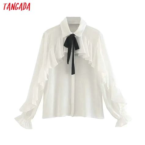 Tangada женские белые рубашки с рюшами с длинными рукавами, однотонный ...