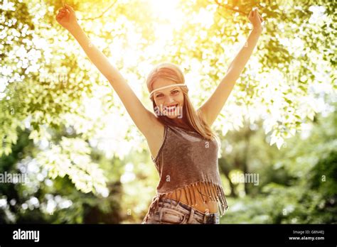 Beautiful Happy Blonde Hippie In Nature Stock Photo Alamy