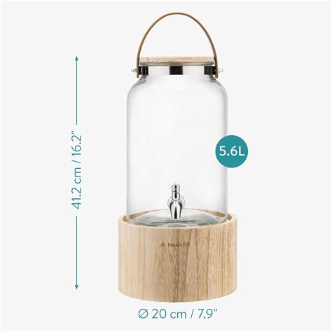 Navaris Glass Drinks Dispenser With Tap 5 6l 1 5 Gallon Beverage Dispenser With Wooden Stand