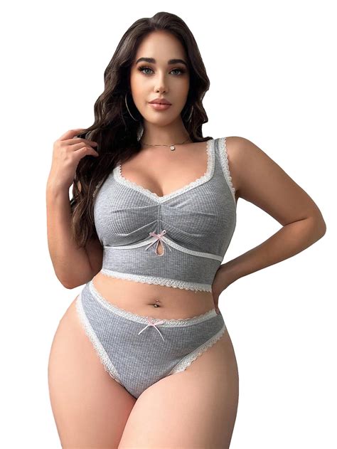 COZYEASE Women S Plus Size Piece Lingerie Set Solid Comfort Lace Camisole And Panty Sets Grey