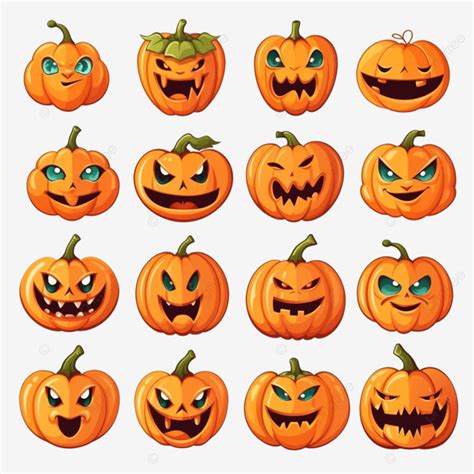 Conjunto De Lindas Calabazas De Halloween Con Caras Aterradoras PNG