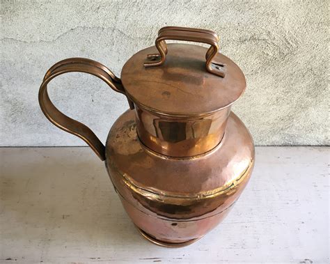 Large Vintage Copper Lidded Pitcher Or Storage Jug Forged With Dovetail Joints French Country Decor