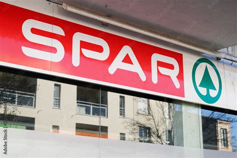 spar brand sign logo red green store supermarket  market shop stock