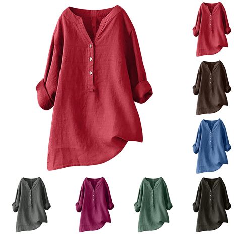 CFLVAEK Plus Size Women's Cotton Linen Shirts Button V Neck Shirt Loose