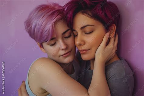 Intimate Lesbian Couple Embracing With Eyes Closed A Heartfelt And Tender Moment Conveying Love