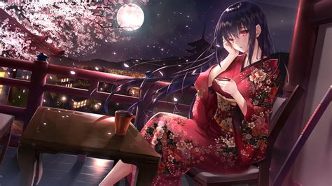 City Night Long Hair Anime Anime Girls Purple Hair Moon Red Eyes