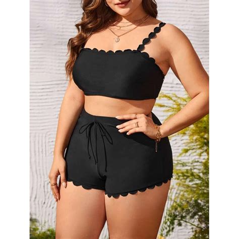 Plus Size Two Piece Swimsuit Bikini Set Black Xl Short Bottom Shopee Philippines